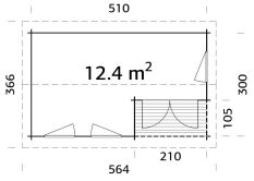 Gartenhaus SUSANNA 12,4 m2, 530x320cm, 44mm Bohlen, ISO, Boden, transparent imprägniert