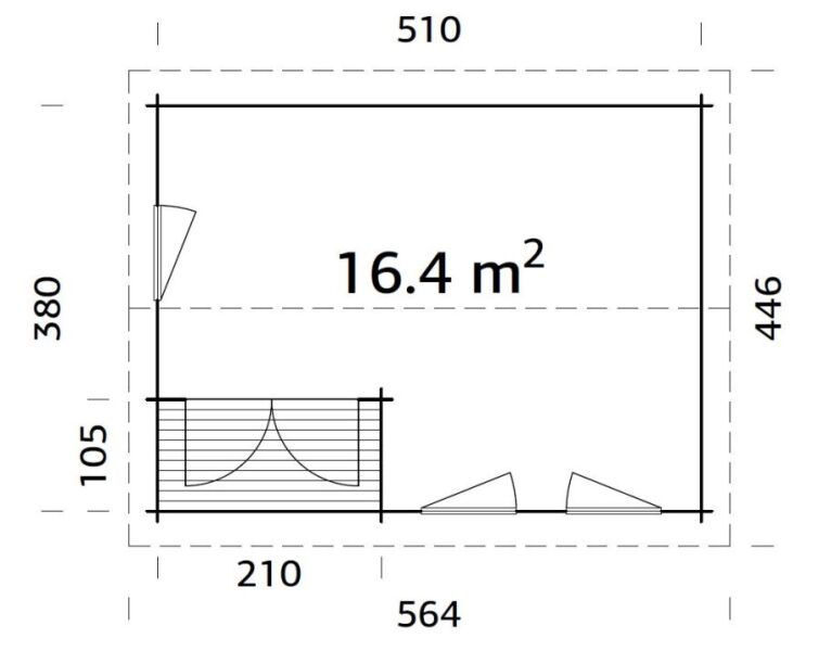 Gartenhaus SUSANNA 16,4 m2, 530x400cm, 44mm Bohlen, ISO, Boden, natur + imprägniert