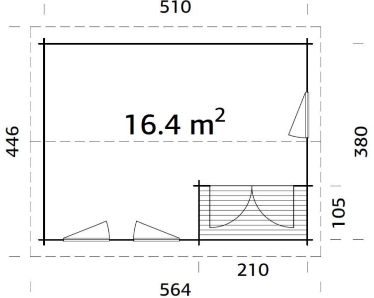 Gartenhaus SUSANNA 16,4 m2, 530x400cm, 44mm Bohlen, ISO, Boden, natur + imprägniert