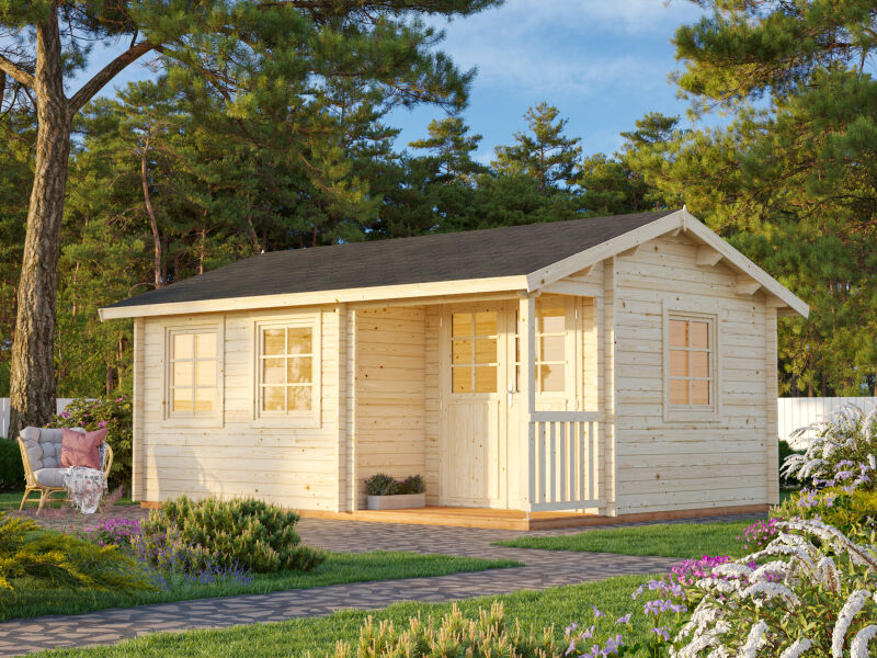 Gartenhaus SUSANNA 16,4 m2, 530x400cm, 44mm Bohlen, ISO, Boden, natur + imprägniert