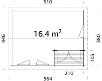 Gartenhaus SUSANNA 16,4 m2, 530x400cm, 44mm Bohlen, ISO, Boden, natur + imprägniert