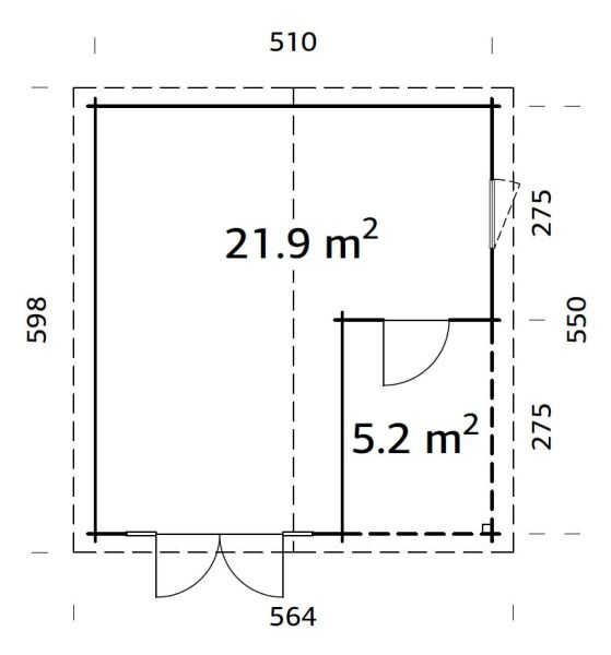 Gartenhaus IRENE 21,9 + 5,2 m2, 530x570cm, 44mm Doppelnut, ISO, Fußboden, hellbraun imprägniert