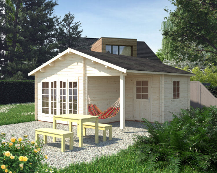 Gartenhaus IRENE 21,9 + 5,2 m2, 530x570cm, 44mm Doppelnut, ISO, Fußboden, hellbraun imprägniert