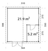 Gartenhaus IRENE 21,9 + 5,2 m2, 530x570cm, 44mm Doppelnut, ISO, Fußboden, hellbraun imprägniert