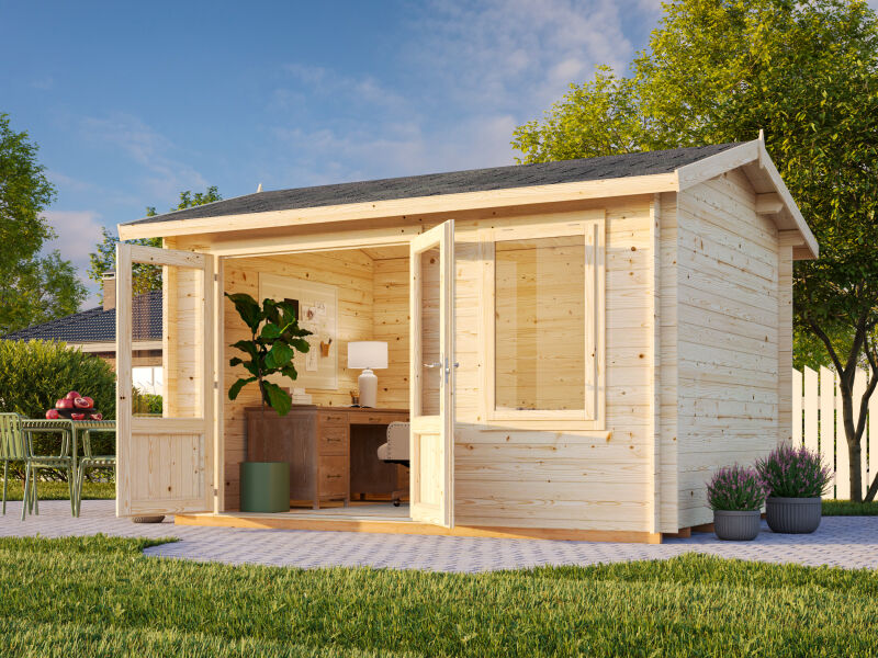 Gartenhaus IRIS 9,6 m2, 380x296cm, 28mm Bohlen, inkl. Fußboden, lackiert dunkelgrau + anthrazit