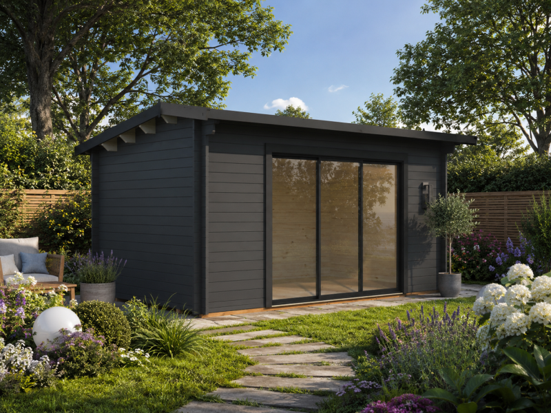 Gartenhaus INES 13,7 m² - 480x300cm, 44mm, inkl. Boden, Schiebetür, lackiert dunkelgrau + anthrazit