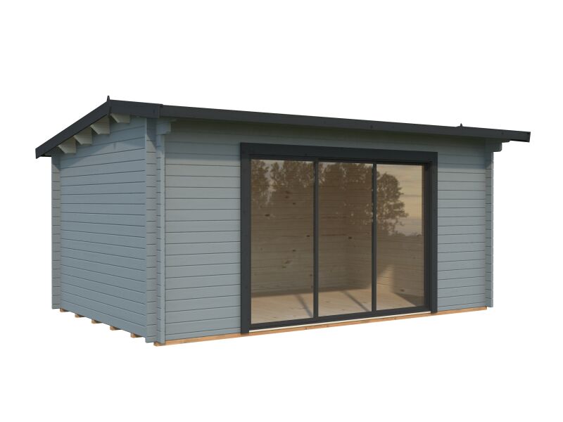 Gartenhaus INES 13,7 m²  PLUS ISO - 480x300cm, 44mm, inkl. Boden, Schiebetür, lackiert hellgrau + anthrazit
