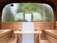Saunafass QUADRA 301x240 cm, Vollglasfront / halbverglaste Rückwand inkl. Dachschindeln schwarz, Bausatz, Thermo-Holz