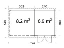 Gartenhaus ELLA 6,9+8,2 m²; 550x320 cm inkl. 300cm Schleppdach - natur + farbig -