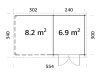 Gartenhaus ELLA 6,9+8,2 m²; 550x320 cm inkl. 300cm Schleppdach - natur + farbig -