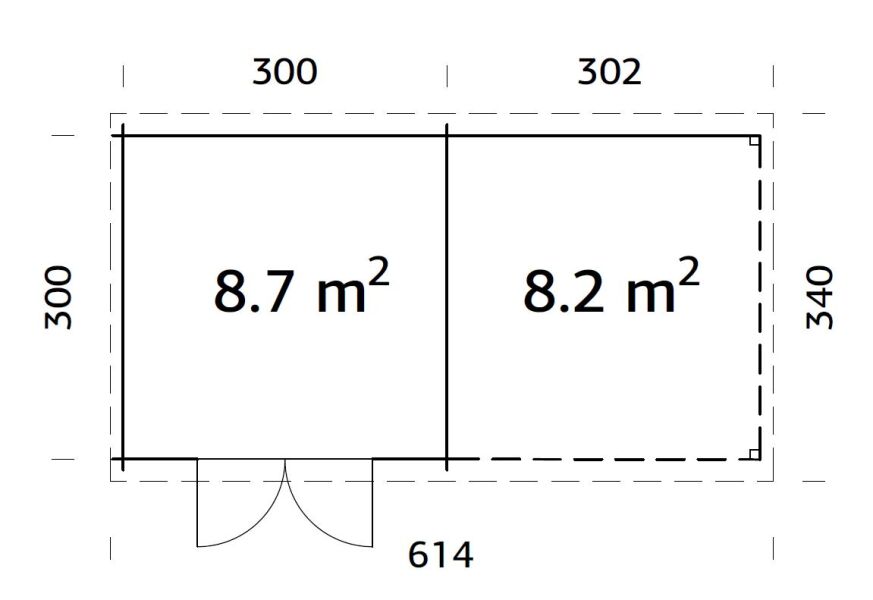 Gartenhaus ELLA 8,7+8,2 m2; 610x320 cm inkl. 300cm Schleppdach, lackiert hellgrau + weiß