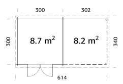 Gartenhaus ELLA 8,7+8,2 m2; 610x320 cm inkl. 300cm Schleppdach, lackiert hellgrau + weiß