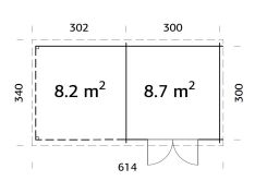 Gartenhaus ELLA 8,7+8,2 m2; 610x320 cm inkl. 300cm Schleppdach, lackiert hellgrau + weiß