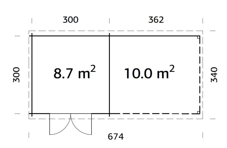 Gartenhaus ELLA 8,7+10,0 m2; 670x320cm inkl. 360cm Schleppdach, lackiert dunkelgrau + weiß