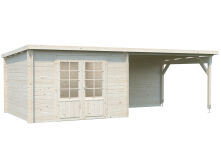 Gartenhaus ELLA 8,7+10,0 m2; 670x320cm inkl. 360cm Schleppdach, lackiert dunkelgrau + weiß