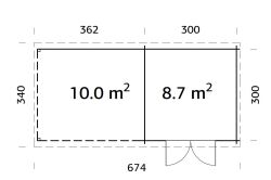 Gartenhaus ELLA 8,7+10,0 m2; 670x320cm inkl. 360cm Schleppdach - natur + farbig -