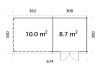 Gartenhaus ELLA 8,7+10,0 m2; 670x320cm inkl. 360cm Schleppdach - natur + farbig -