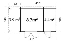 Gartenhaus ELLA 13,1 + 3,9 m2; 470x320 cm + 152 cm...