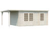 Gartenhaus ELLA 13,1 + 3,9 m2; 470x320 cm + 152 cm Schleppdach, 28mm Bohlen - natur + farbig -