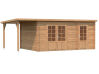 Gartenhaus ELLA 13,1 + 3,9 m2; 470x320 cm + 152 cm Schleppdach, 28mm Bohlen - natur + farbig -