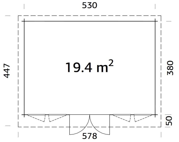 Gartenhaus LISA 19,4 m2; 550x400cm; 44mm Bohlen; ISO, Fußboden - natur + farbig -