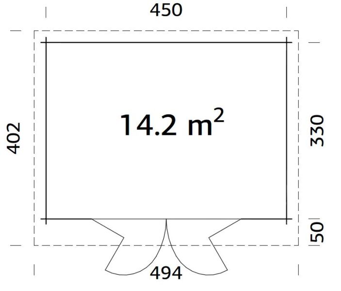 Gartenhaus LEA 14,2 m² - 450x330cm, 44mm, inkl. Boden, Falttür, transparent imprägniert