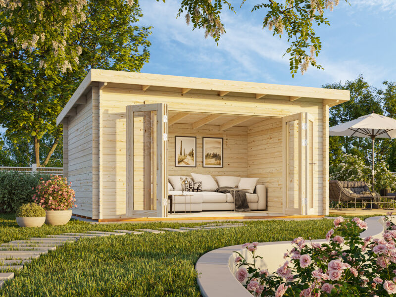 Gartenhaus LEA 14,2 m² - 450x330cm, 44mm, inkl. Boden, Falttür, transparent imprägniert