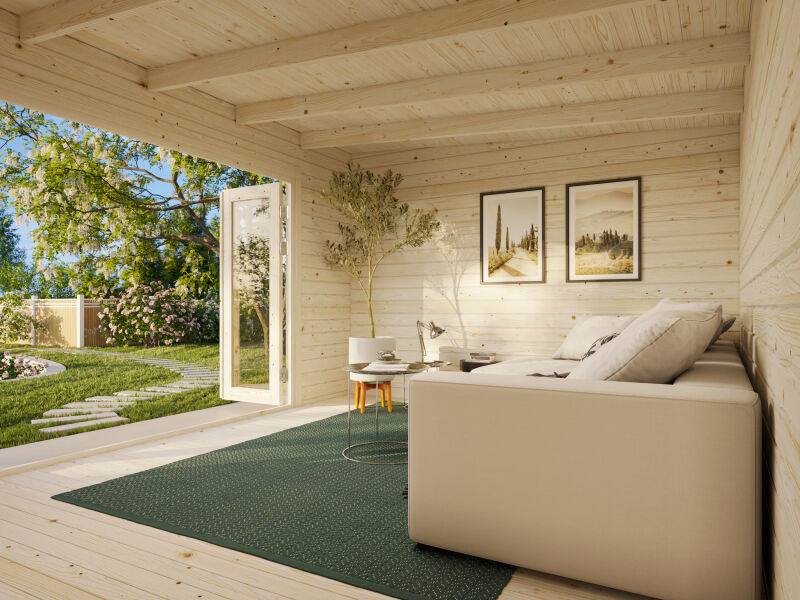 Gartenhaus LEA 14,2 m² - 450x330cm, 44mm, inkl. Boden, Falttür, lackiert hellgrau + anthrazit
