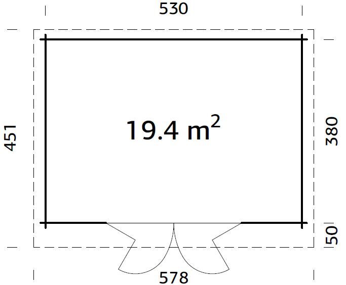 Gartenhaus LEA 19,4 m2; 550x400cm; 44mm Bohlen; ISO, Fußboden, Falttür, - natur + farbig -