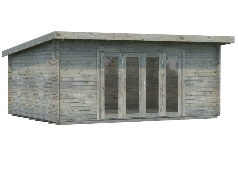 Gartenhaus LEA 19,4 m2; 550x400cm; 44mm Bohlen; ISO, Fußboden, Falttür, - natur + farbig -