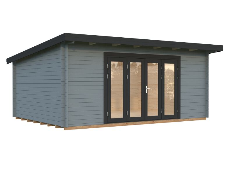 Gartenhaus LEA 19,4 m2; 550x400cm; 44mm Bohlen; ISO, Fußboden, Falttür, - natur + farbig -