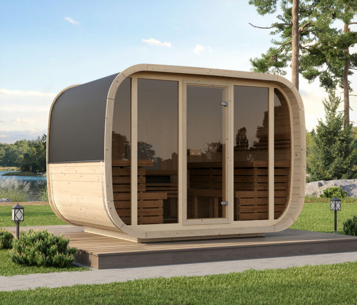 Saunafass / Fasssauna KLAAR SINGLE 315x230 cm, Vollglasfront, inkl. Dachschindeln schwarz, Bausatz, Fichte natur