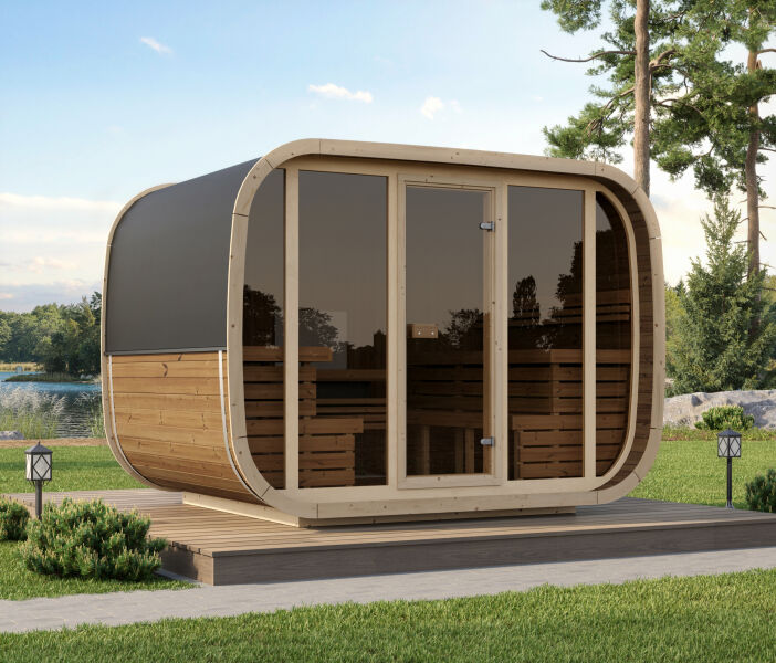 Saunafass / Fasssauna KLAAR SINGLE 315x230 cm, Vollglasfront, inkl. Dachschindeln schwarz, Bausatz, Thermokiefer