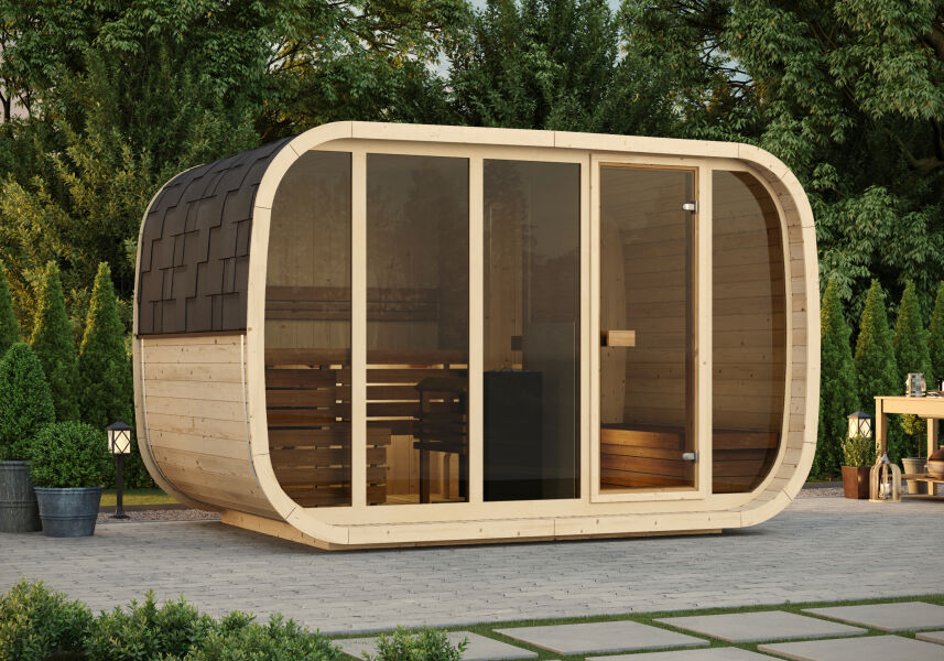 Saunafass / Fasssauna KLAAR DOUBLE 360x230 cm, Vollglasfront, inkl. Dachschindeln schwarz, Bausatz, Fichte natur