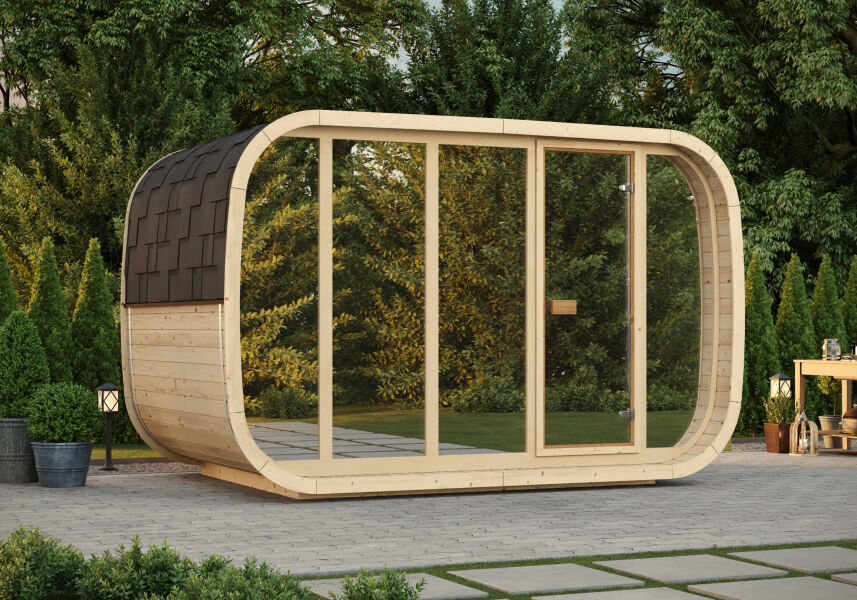 Saunafass / Fasssauna KLAAR DOUBLE EXCLUSIV 360x230 cm, verspiegelte Vollglasfront, inkl. Dachschindeln schwarz, Bausatz, Fichte natur