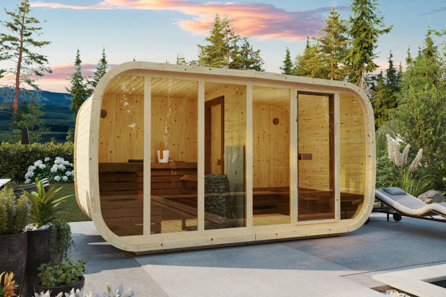 Saunafass / Fasssauna KLAAR DOUBLE 420x230 cm, Vollglasfront, inkl. Dachschindeln schwarz, Bausatz, Fichte natur