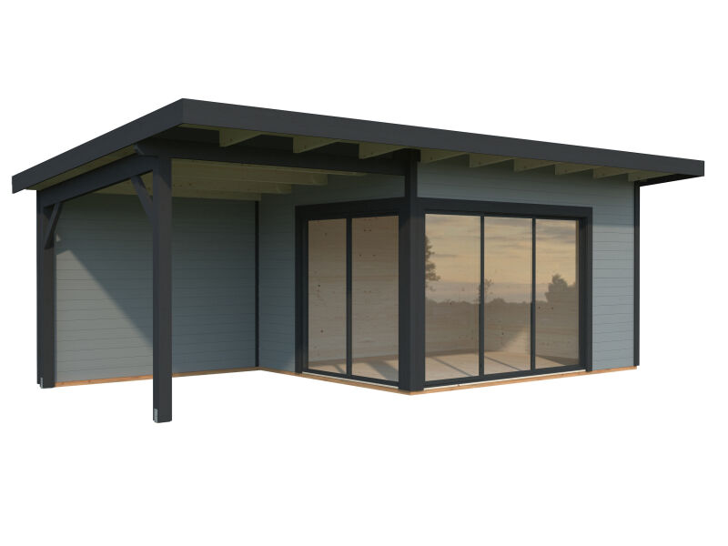 Gartenhaus ANDREA 11,2 + 7,9 m² - 690x300 cm, 44mm, inkl. Boden, Schiebetür, lackiert hellgrau + anthazit