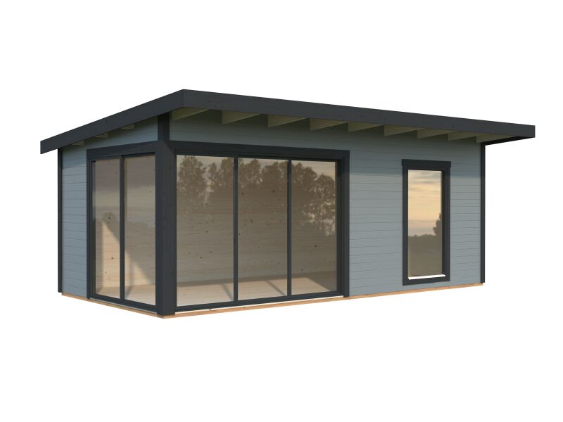 Gartenhaus ANDREA 17,1 m² - 595x300cm, 44mm, inkl. Boden, Schiebetür, lackiert hellgrau + anthrazit