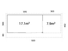 Gartenhaus ANDREA 17,1+7,9  m² - 895x300 cm, 44mm, inkl. Boden, Schiebetür, lackiert dunkelgrau + anthrazit