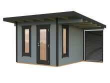Palmako Gartenhaus MODERN GRACE 8,1+4,1 m² - 290x300 cm +137 cm Anbaudach, 56 mm, inkl. Fußboden * natur + farbig *