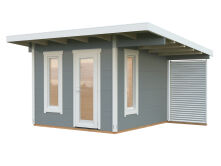 Palmako Gartenhaus MODERN GRACE 8,1+4,1 m² - 290x300 cm +137 cm Anbaudach, 56 mm, inkl. Fußboden * natur + farbig *