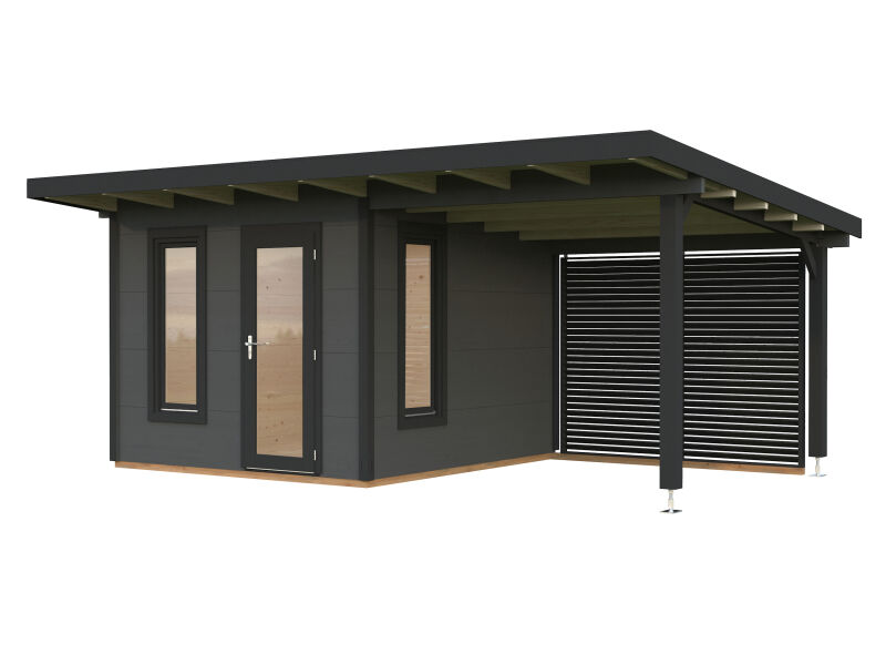 Palmako Gartenhaus MODERN GRACE 8,1+8,1 m² - 290x300 cm + 292 cm Anbaudach, 56 mm, inkl. Fußboden, lackiert hellgrau + anthrazit