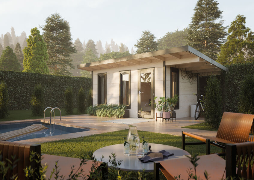 Palmako Gartenhaus MODERN GRACE 12,4+4,1 m² - 445x300 cm +137 cm Anbaudach, 56 mm Leimholz, inkl. Fußboden 28 mm * natur + farbig *