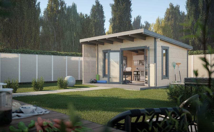 Palmako Gartenhaus MODERN GRACE 14,5 m² - 440x350 cm, 56 mm Leimholz, inkl. Fußboden 28 mm * natur + farbig *