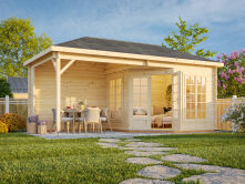 Palmako Pavillon MELANIE 7,0+8,1 m² - 280x280 cm + 277 cm Anbau, 28 mm, inkl. Fußboden 19 mm, grau imprägniert