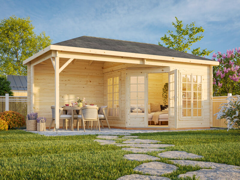 Palmako Pavillon MELANIE 7,0+8,1 m² - 280x280 cm + 277 cm Anbau, 28 mm, inkl. Fußboden 19 mm * natur + farbig *