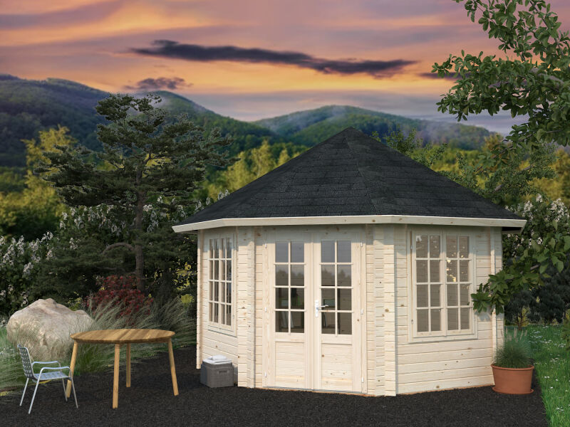 4743142044421 - Pavillon HANNA 141 m² - Ø 421 cm 44 mm ISO inkl Fußboden 19 mm * natur + farbig *