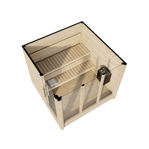 Aussensauna/Saunahaus ANITA 209,5 x 211,6 cm / inkl. selbstklebender EPDM-Bahn / Bausatz / Fichte natur
