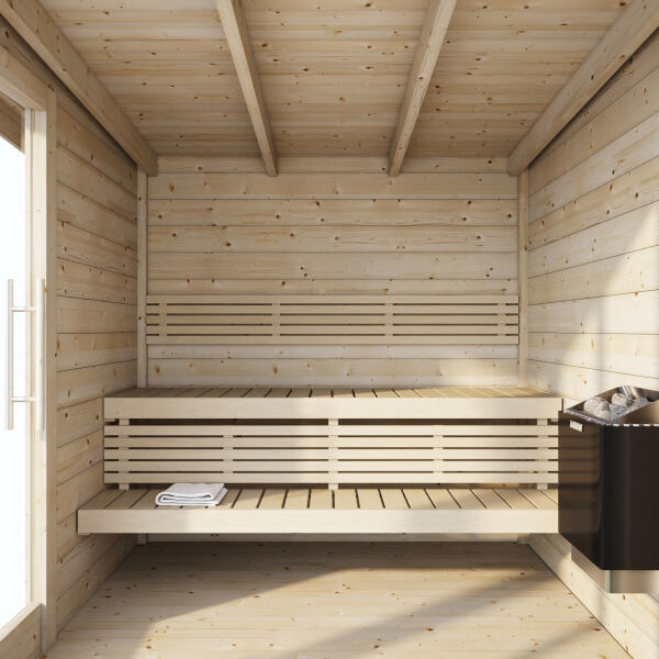 Aussensauna/Saunahaus ANITA 209,5 x 211,6 cm / inkl. selbstklebender EPDM-Bahn / Bausatz / Fichte natur