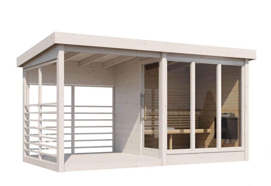 Aussensauna/Saunahaus ANITA inkl. Terrasse 417,2 x 215,8 cm / inkl. selbstklebender EPDM-Bahn / Bausatz / Fichte natur